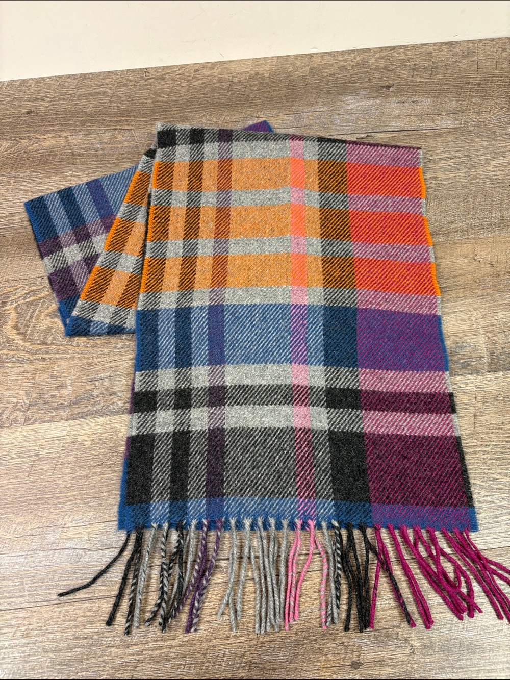 Foxford 100% Lambswool Multicolor Plaid Fringe Scarf Made in Ireland